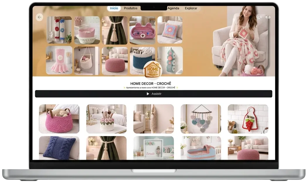 Mockup do curso Home Décor Crochê exibido em notebook
